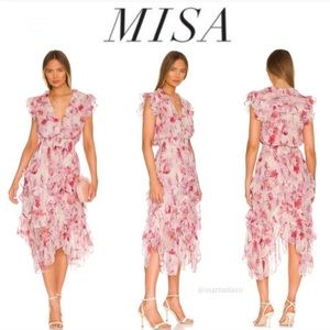 Misa Los Angeles Dakota abstract rose-print ruffle midi dress medium pink white